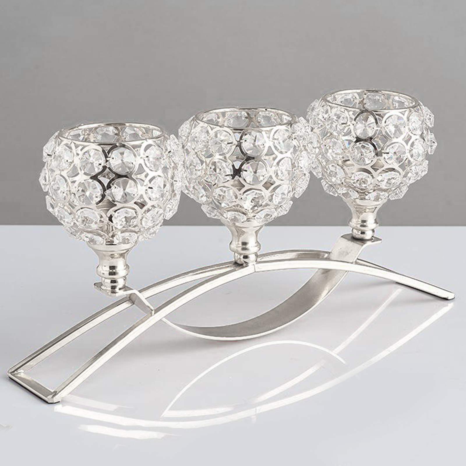Portavelas de cristal de 3 brazos, centro de mesa, decoración de mesa de bufé de boda, plateado