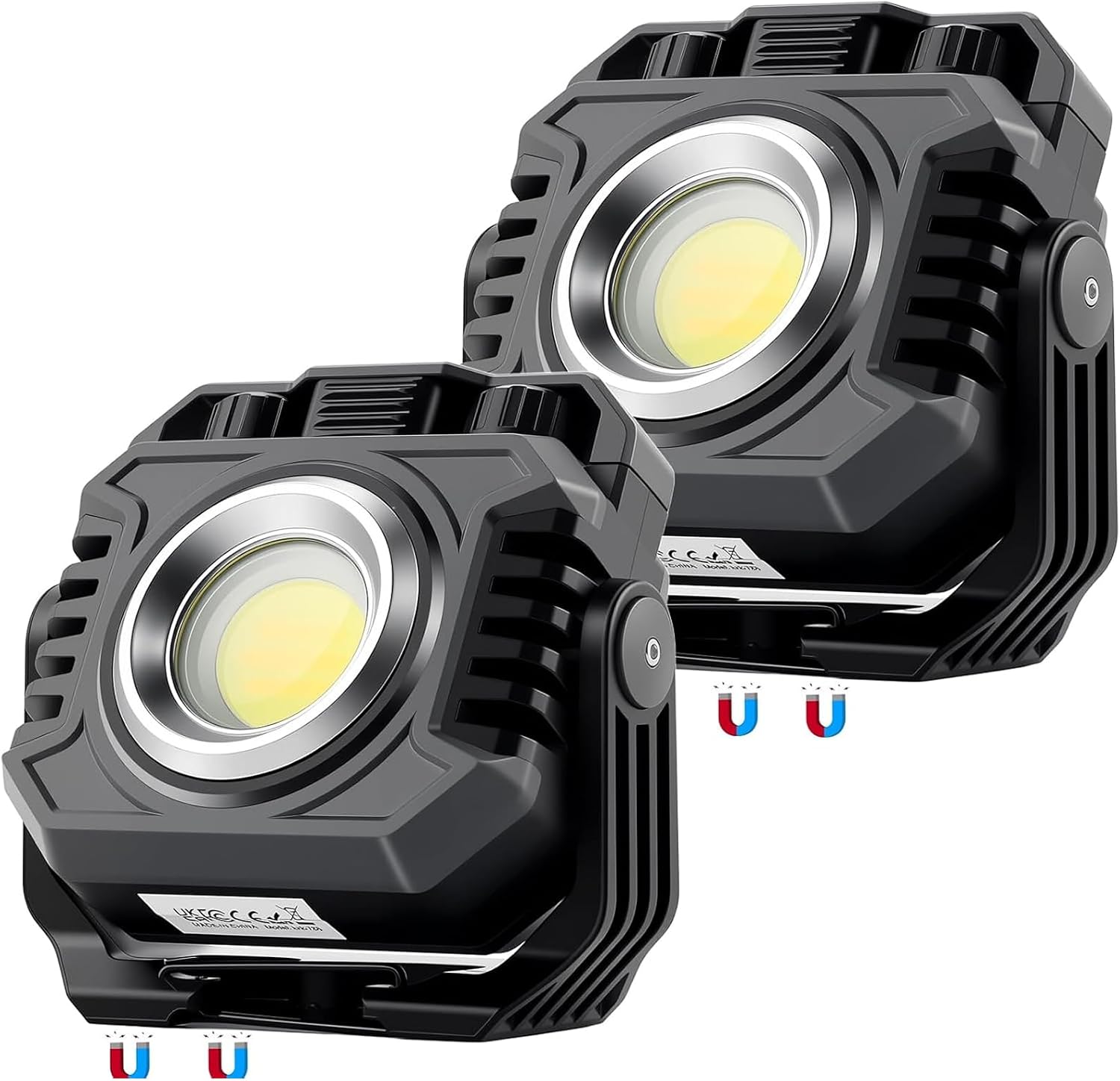 eSynic 2 Pack 2700-8000K Dual Light Mode Work Light-IP65 Waterproof-4400mAh Rechargeable Magnetic Work Light with COB Floodlight+TG3 Spotlight+Red Warning Light-360° Swivel Stand-for Garage/Camping
