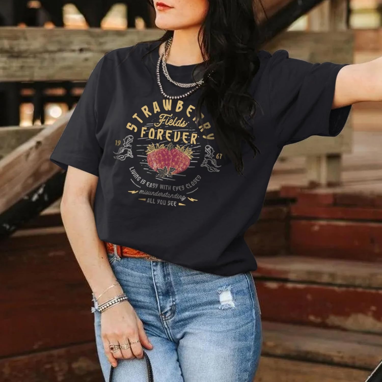 KIEKIECOO Rock Band T Shirts for Women Rock and Roll Country Music Shirts Vintage Strawberry Graphic Tees Concert Outfits - Image 5
