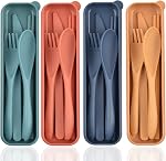 Sinen 4 Sets Cutlery Set, Reusable Spoon Knife Fork Chopsticks Lunch Box | Spoon Knife Fork Chopsticks Lunch Box, Wheat Straw, Easy To Carry, Dishwasher Safe, Office School Camping Travel Daily Use
