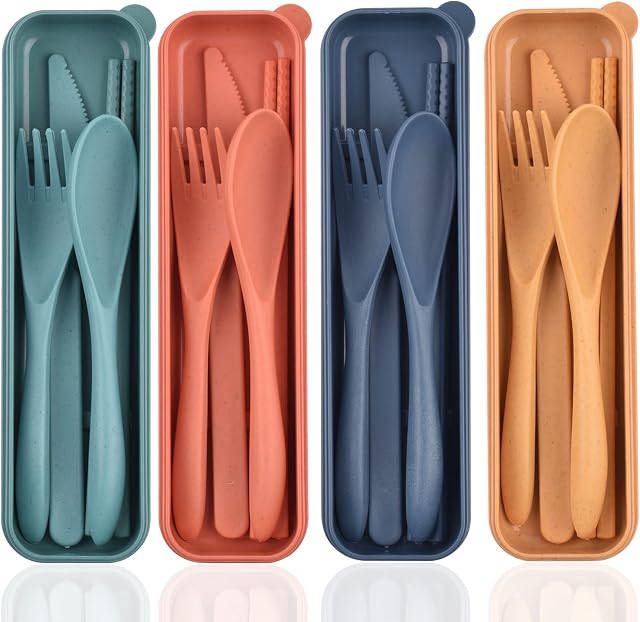 Travel Cutlery Set with Case, Portable Plastic Cutlery Set Reusable Knife Fork Spoon Chopsticks Camping Utensils Set (4 Sets)