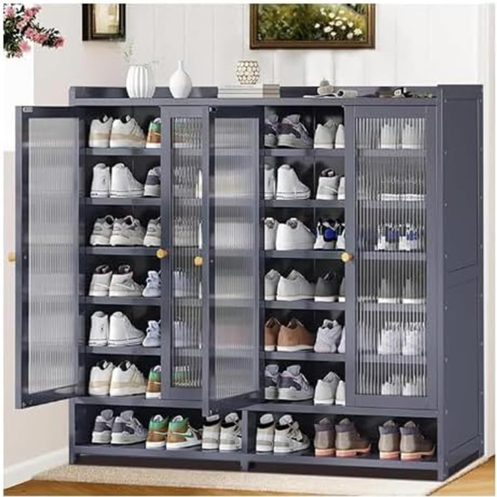 Generisch Schuhschrank Holz mit Korbgeflecht-Türen Moderner Bambus Schuhschränke Schuhschrank Schmal mit Stauraum Shoes Cabinet für Flur Wohnzimmer Schlafzimmer (E)
