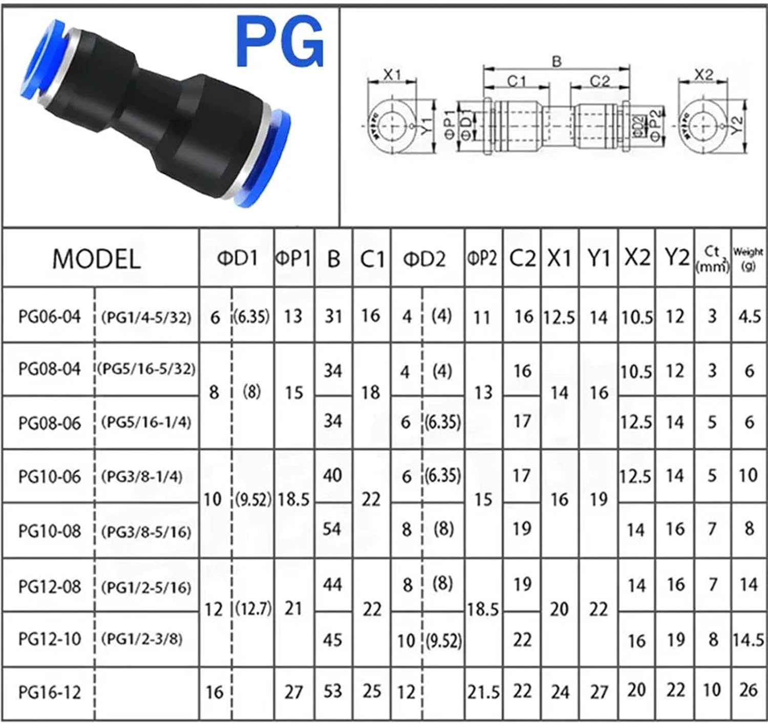 Pneumatic Fittings Plastic Connector PU 4mm 6mm 8mm 10mm Water Hose Tube Straight Quick Connection 20Pcs(PG 16-12)