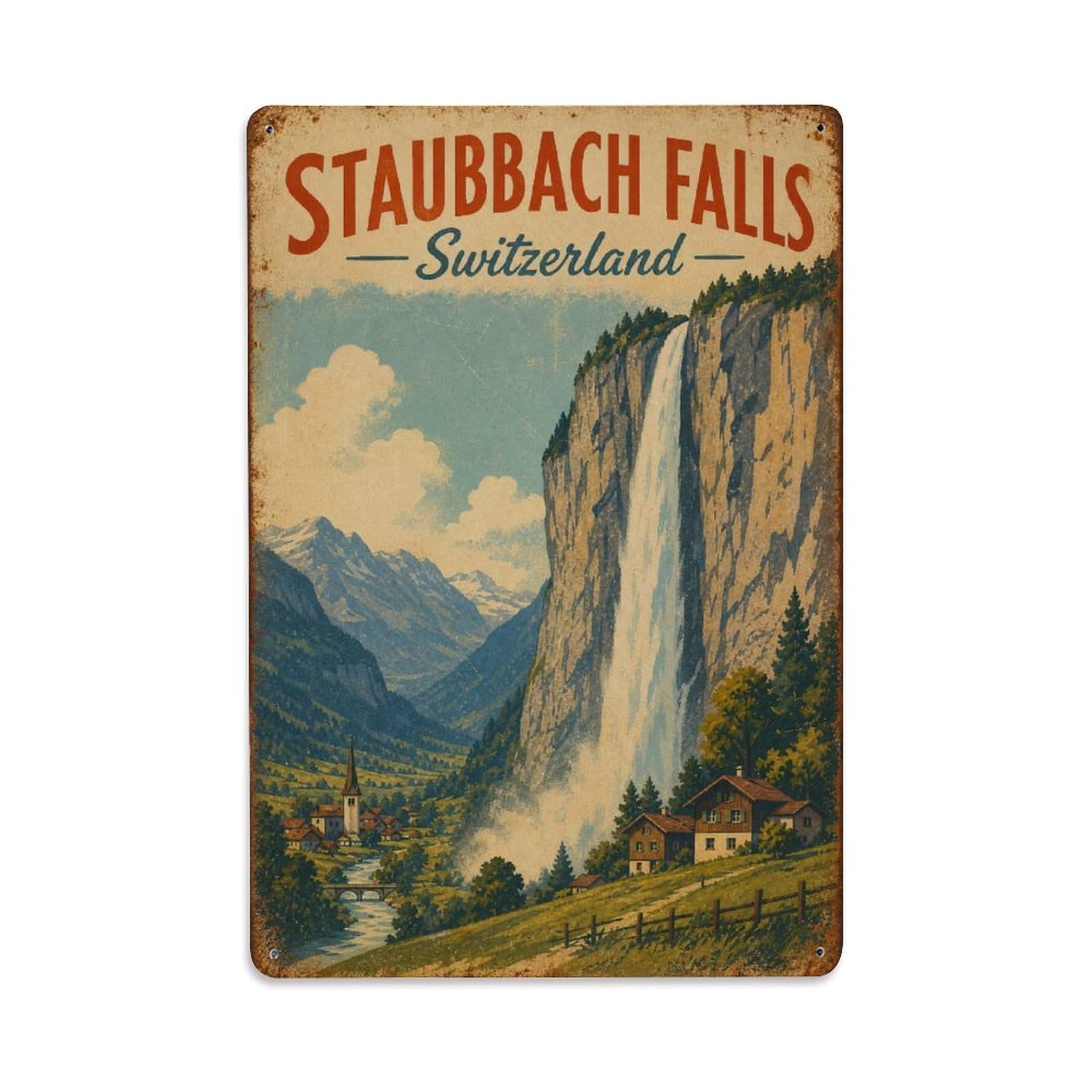 Gead 8X12inch Style Vintage Travel Staubbach Switzerland Waterfall Metal Tin Sign