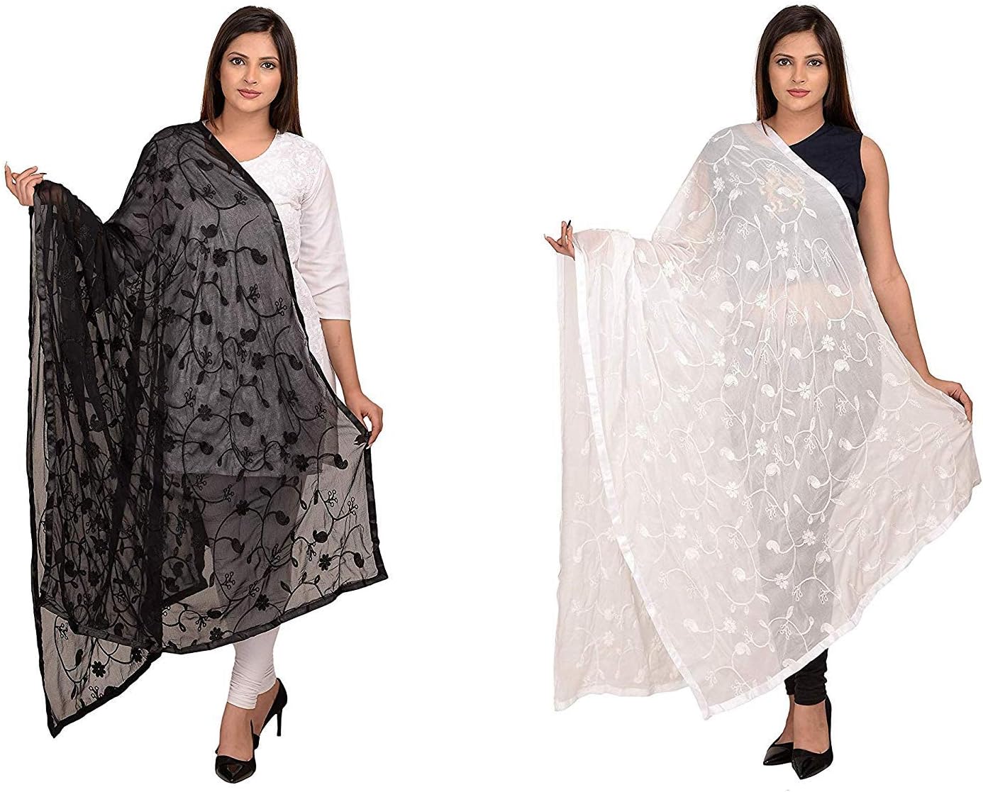 Kalpit Creations Women's Embroidered Nazmin Dupatta With Same Colour Lace Border And Same Color Embroidery Chiffon Aari Work/Ethnic Dupattas For Girls