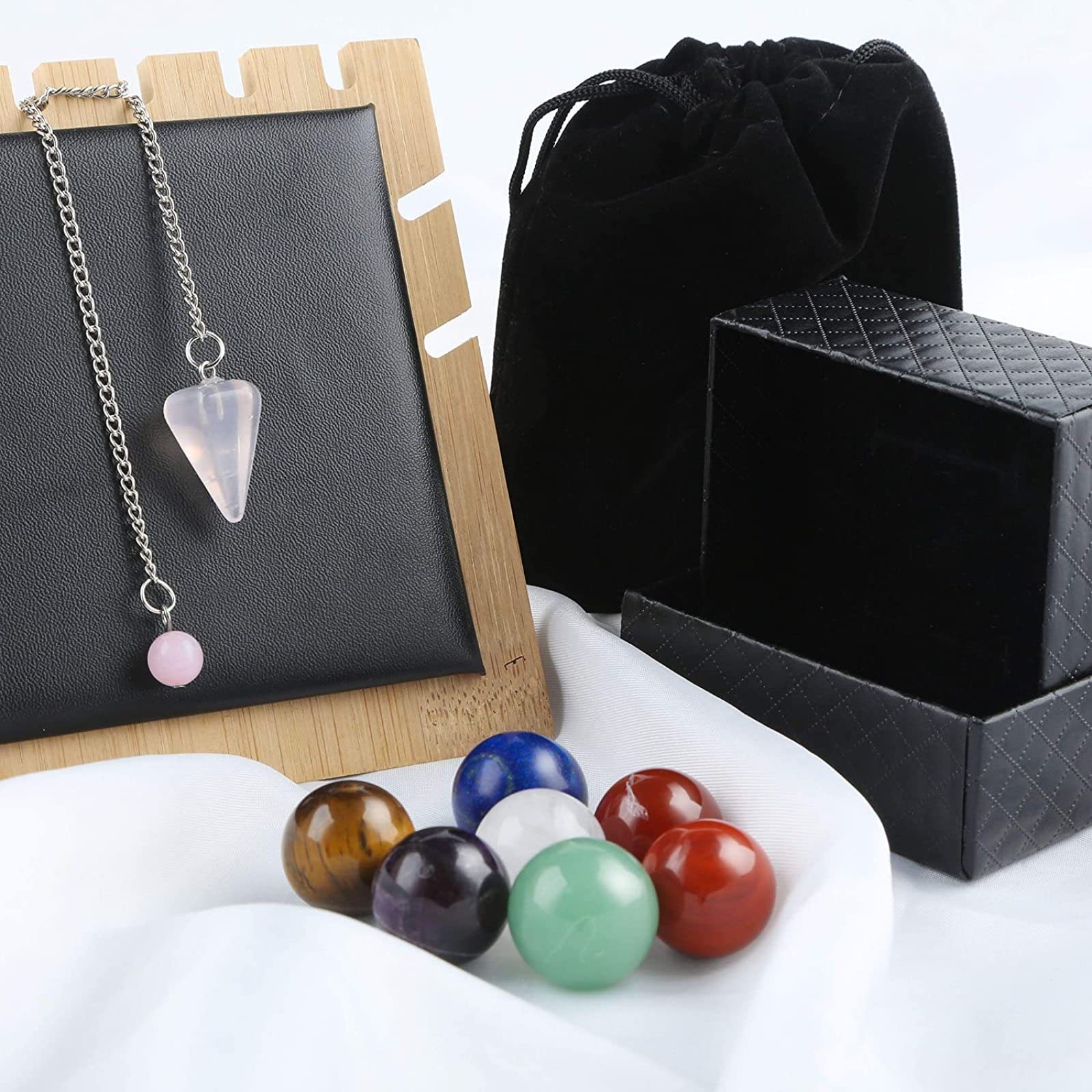 Juego de esferas de Bolas de Cristal de curación Natural - Esferas de Cristal de 7 Chakras y Péndulo de Cuarzo Rosa - Piedras de Chakra caídas para Reiki, Sanación Energética, Meditación