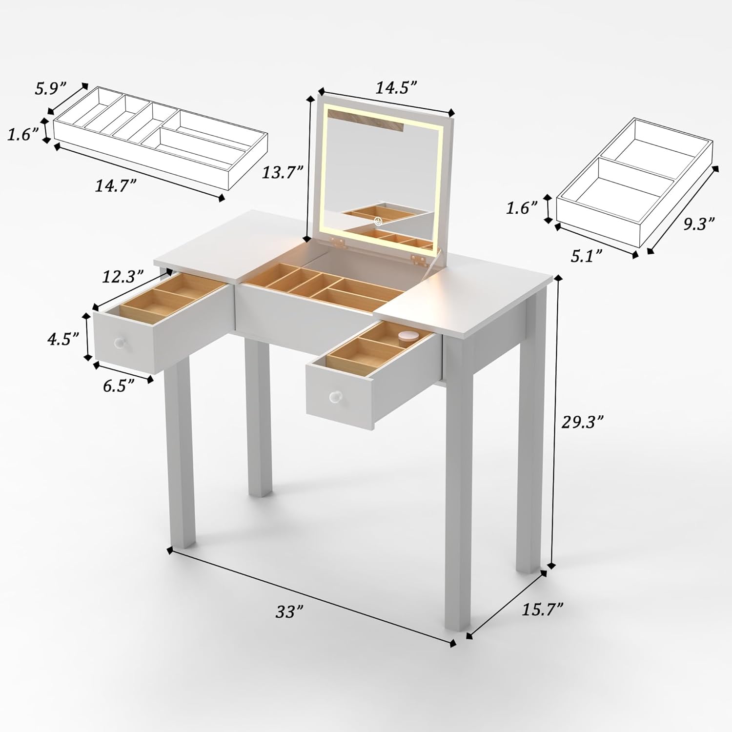 Diagram showing the dimensions of the Organizedlife Vanity Desk and its internal storage components.