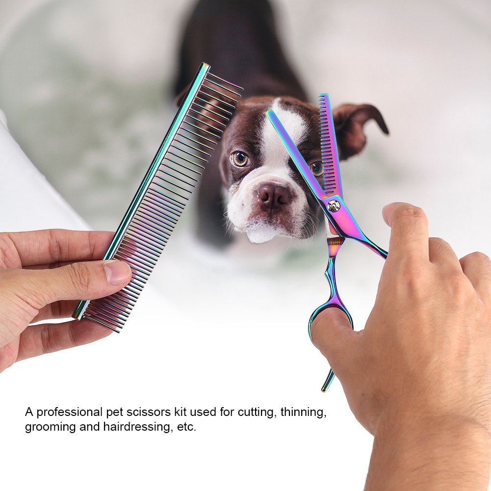 Kit Profesional de 6 Piezas para Peluquería Canina, Tijeras de Acero Inoxidable, Color Iris, para Mascotas y Gatos, Uso en Casa