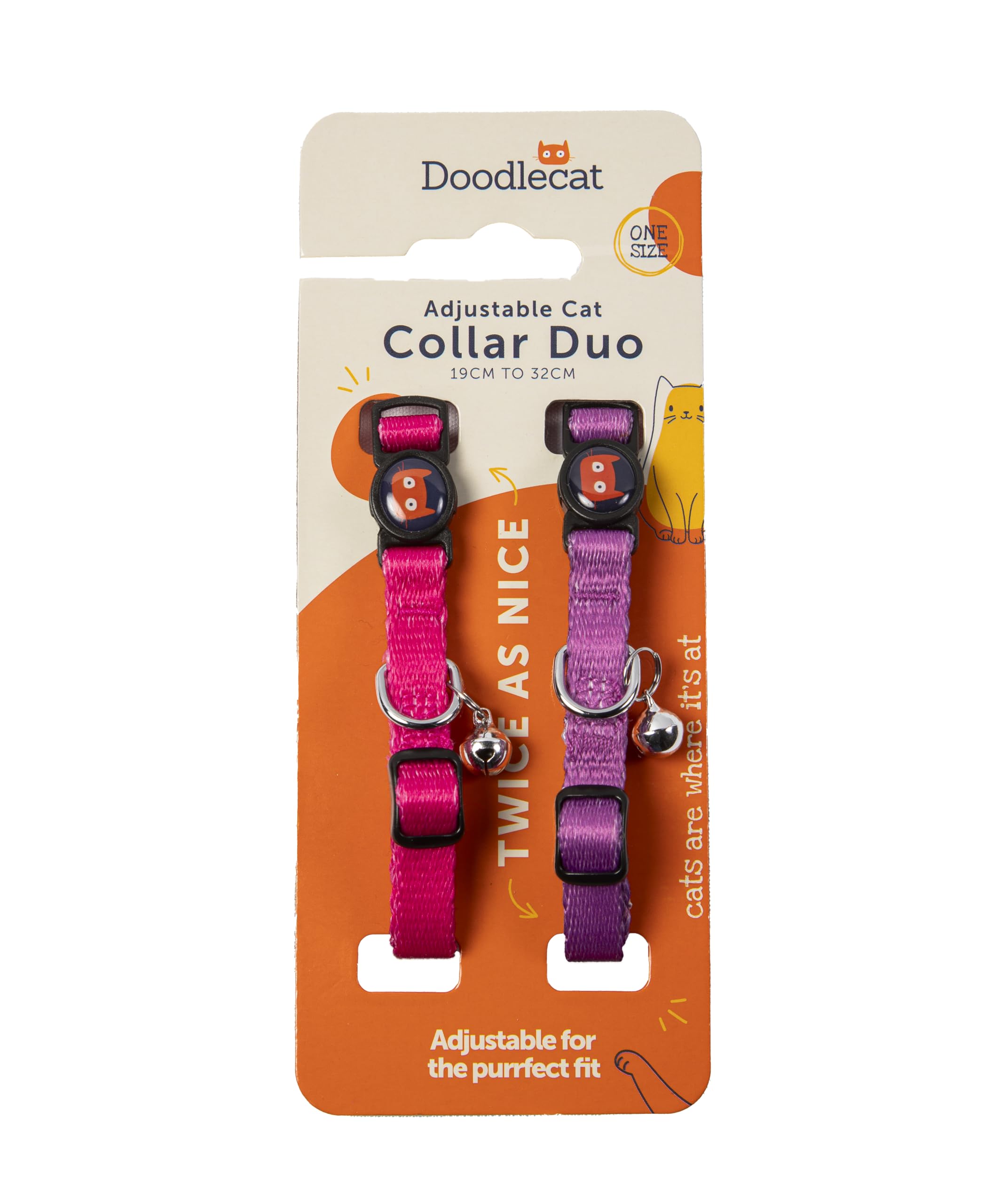 Doodlecat - Cat Collar Duo Set - Adjustable Breakaway Safety Collars with Bell, Soft Polyester Material, Lightweight and Machine Washable for Cats and Kittens - 2 Pack - Fuchsia & Blush
