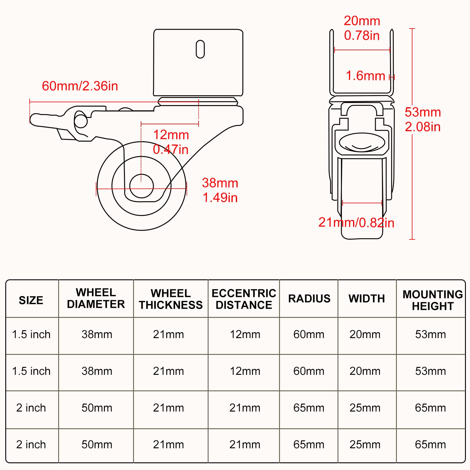 CPROSP 4 Redas para Cuna Ruedas con Freno en U φ38mm, Soporte Hasta 60KG, Ruedas Giratorias Silencio, 20MM Apertura