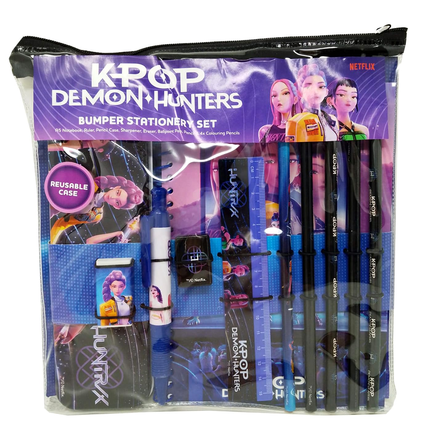 CYPBRANDS - Set di cancelleria K-Pop Demon Hunters, astuccio, matita, gomma, temperino, penna, righello, quaderno, viola, prodotto ufficiale