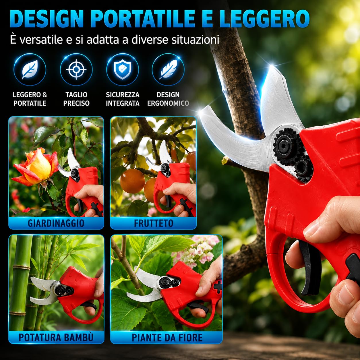 Forbici Potatura a Batteria,40 mm Cesoie Potatura Elettriche Professionali con 2x2000mAh Batterie, Motore Brushless, Lama SK7， Forbice Elettrica Potatura per Giardinaggio
