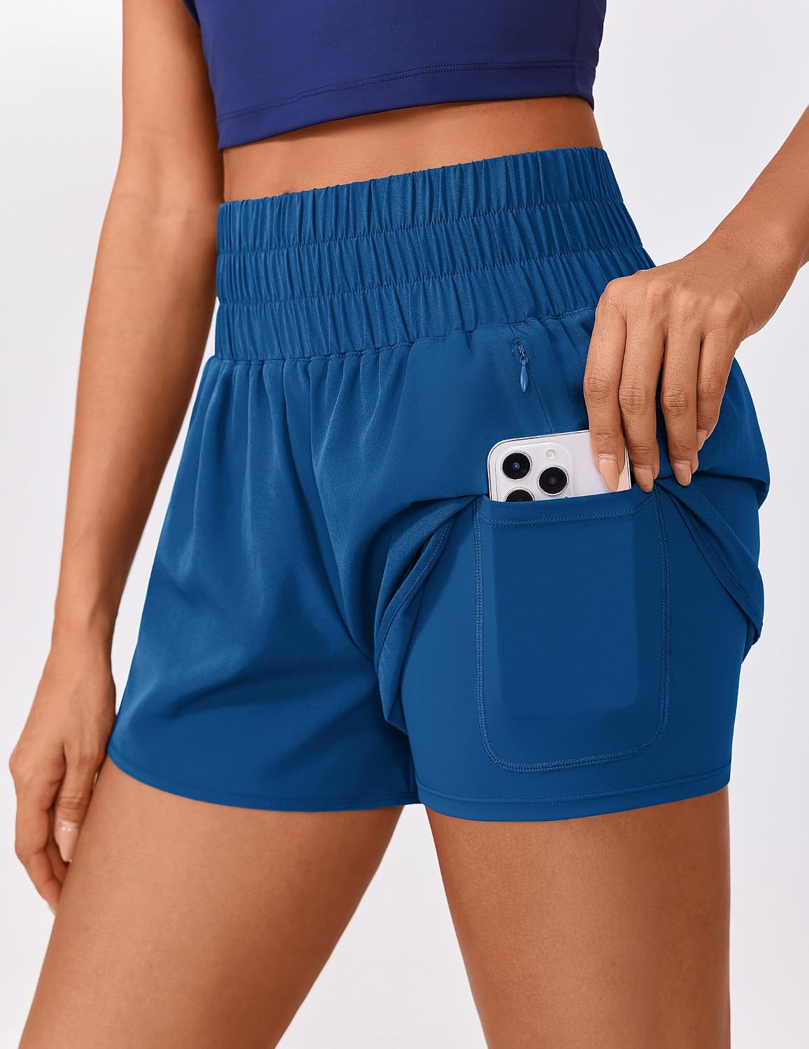 PINSPARK Running Shorts for Women Quick Dry High Waisted Athletic Short 2 in 1 Workout Gym Shorts with Zipper Pockets thumbnail