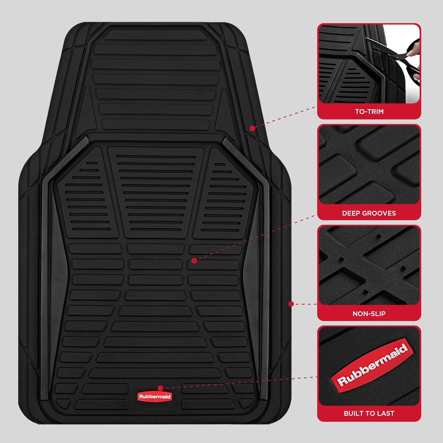 Rubbermaid Car Mat Full Set All-Weather Heavy-Duty 4 Pieces– Trim-to-Fit Universal Car Mats Full Set – Waterproof Rubber Floor Liners for Most Trucks, SUVs, Vans, and Sedans-Black