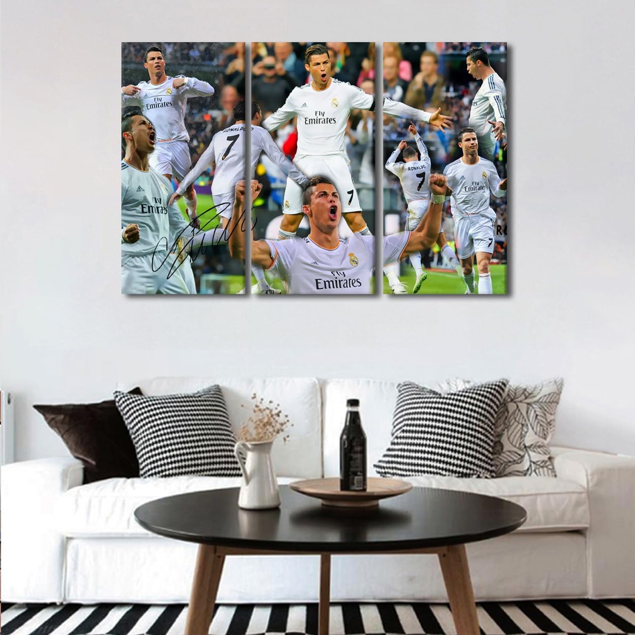 Portuguese Professional Football Player Poster Cristiano Ronaldo Painting 3 Piece Canvas Art Wall Decor Modern Wall Decor Artwork Giclee for Living Room Poster Print Framed Ready to Hang 42x28 in
