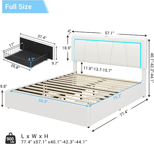 Miniatura 24 de DICTAC Base de cama de tamaño matrimonial con cabecera y 4 cajones de almacenamiento, moderna plataforma tapizada de piel sintética, marco de cama