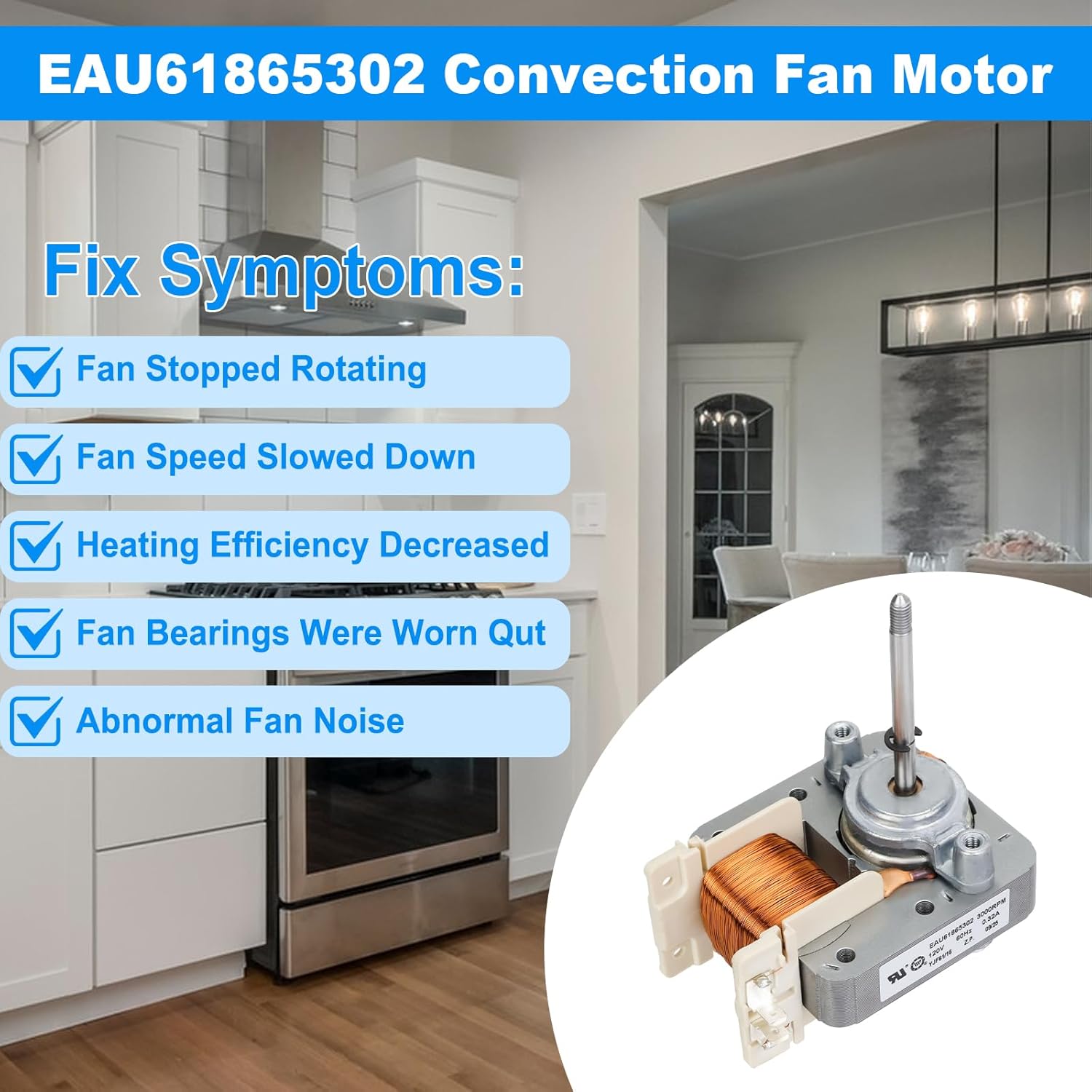 EAU61865302 Range Oven Convection Fan Motor Compatible with LG Stove Select Models LRE3061BD LRE3061ST,Replaces AP6235453 PS12080212 4509096,120V 60Hz 0.32A 3000RPM