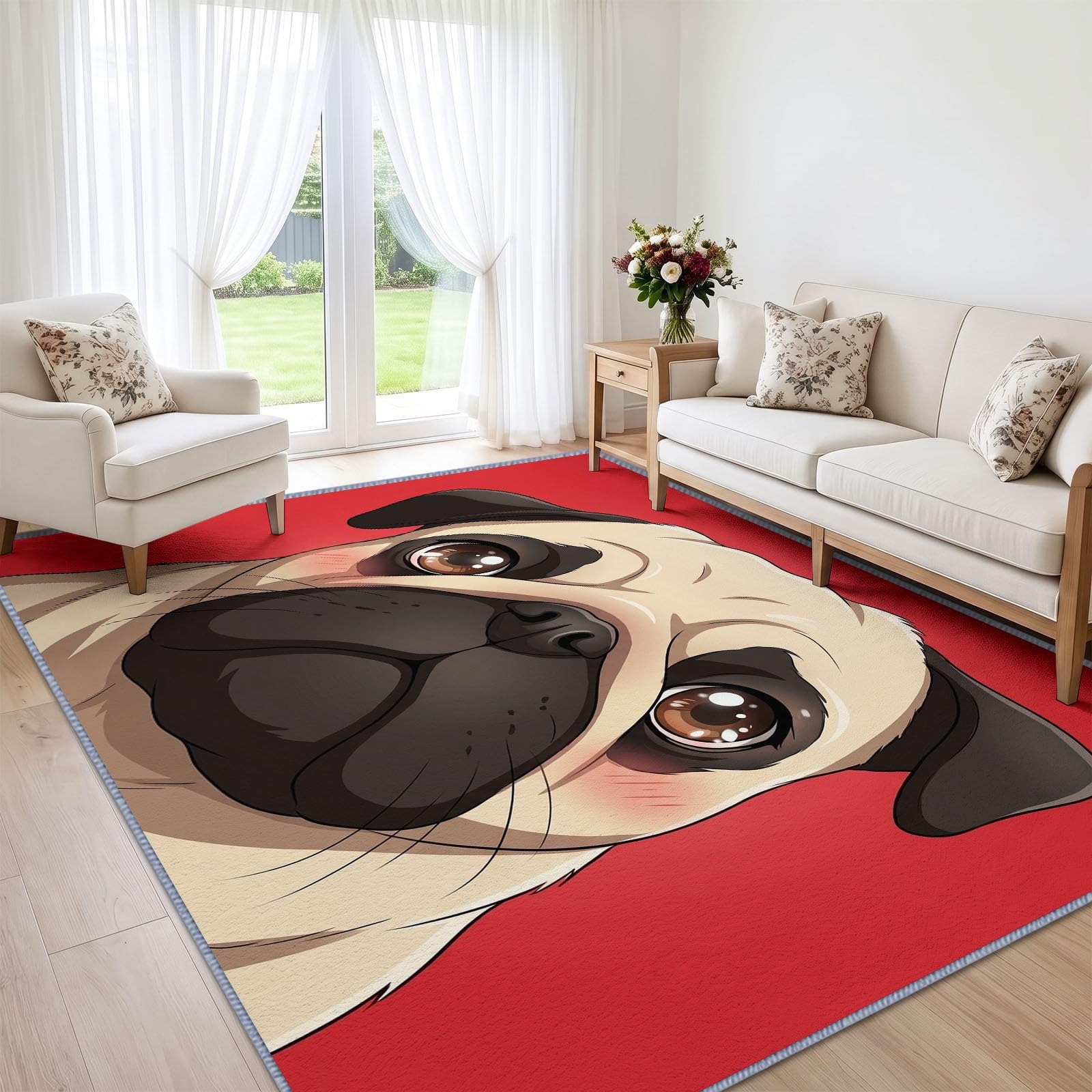 Zmywalny dywan 160 x 230 cm, mops, do sypialni, zwierzęta z kreskówki, antypoślizgowy, do salonu, wejścia, mata podłogowa, do kuchni, biura, jadalni