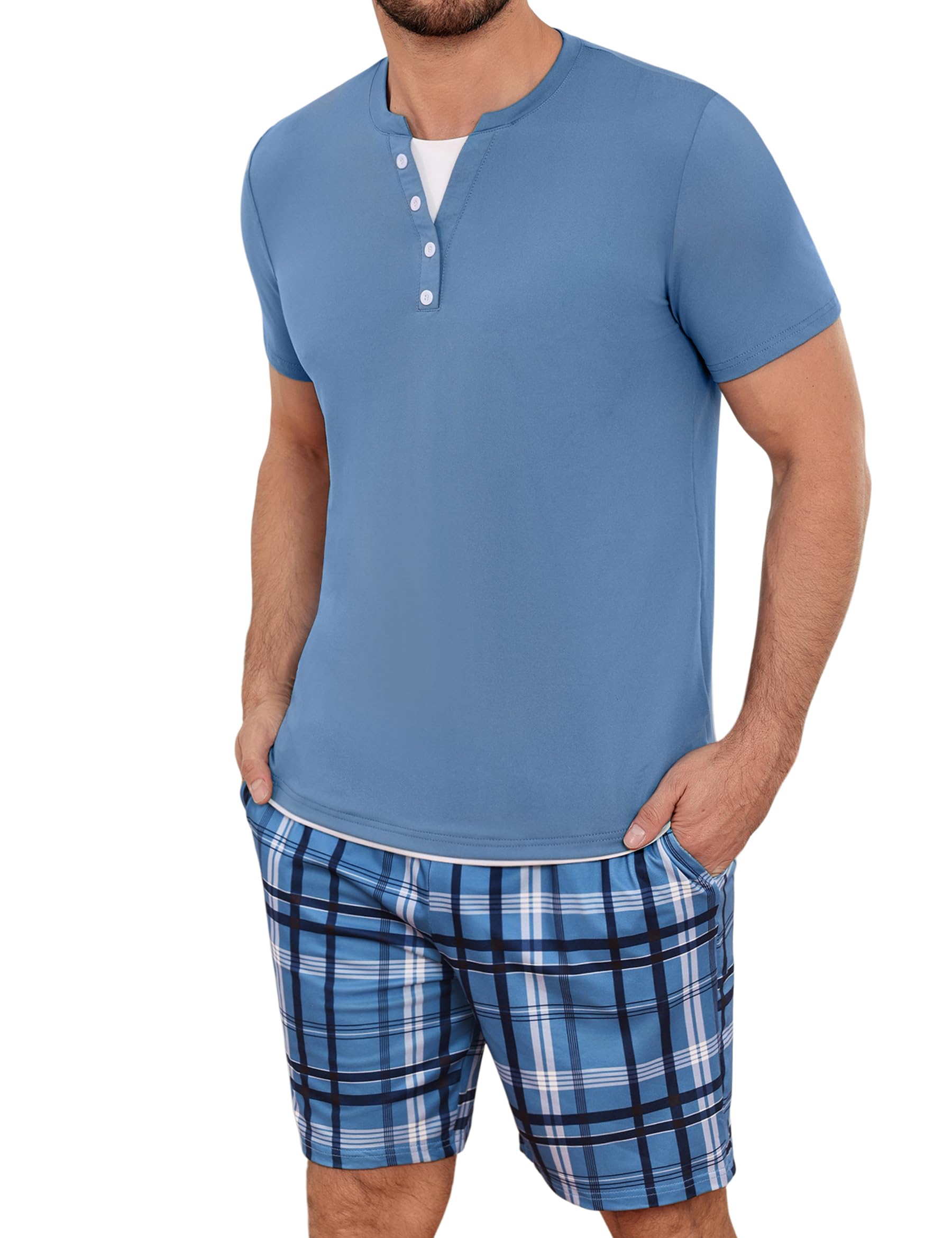 Jahetuul Schlafanzug Herren kurz Karomuster Schlafhose Männer Pyjama Sommer Henleykragen Schlafanzüge für Herren Pyjamashort Nachtwäsche Zweiteiler