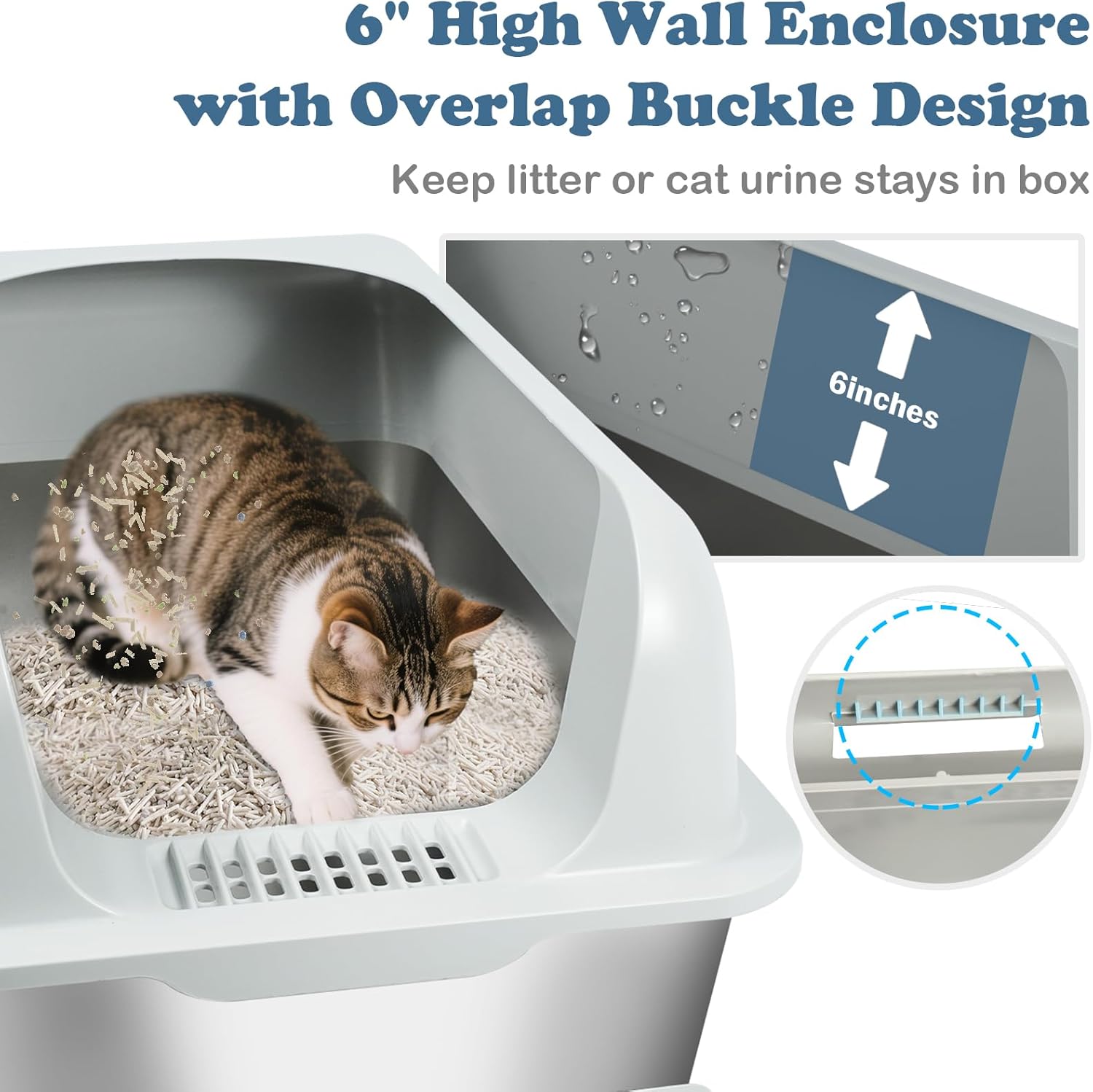 Semi-Enclosed Stainless Steel Cat Litter Box, Extra Large Litter Boxes for Big Cats, High Side, Removable, Anti-Leak, Non-Stick, Odor-Free & Easy to Clean, Include Scoop & Foot Pedal