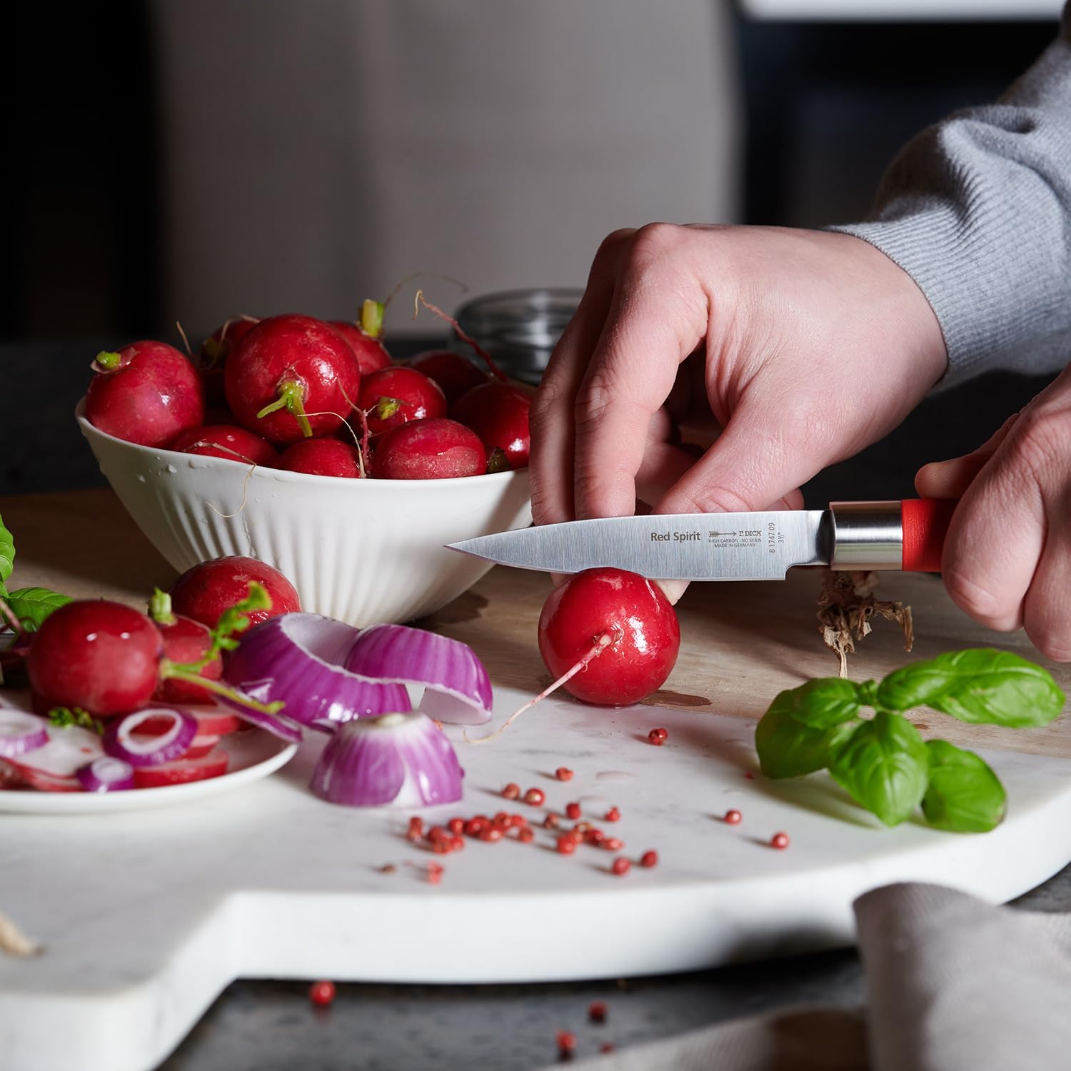 F. DICK – Red Spirit Paring Knife - Kitchen knife with 3.5" blade & 56 HRC - Ideal for small cutting work & decorations - Stainless steel - Ultra sharp - Ergonomic handle - Made in Germany