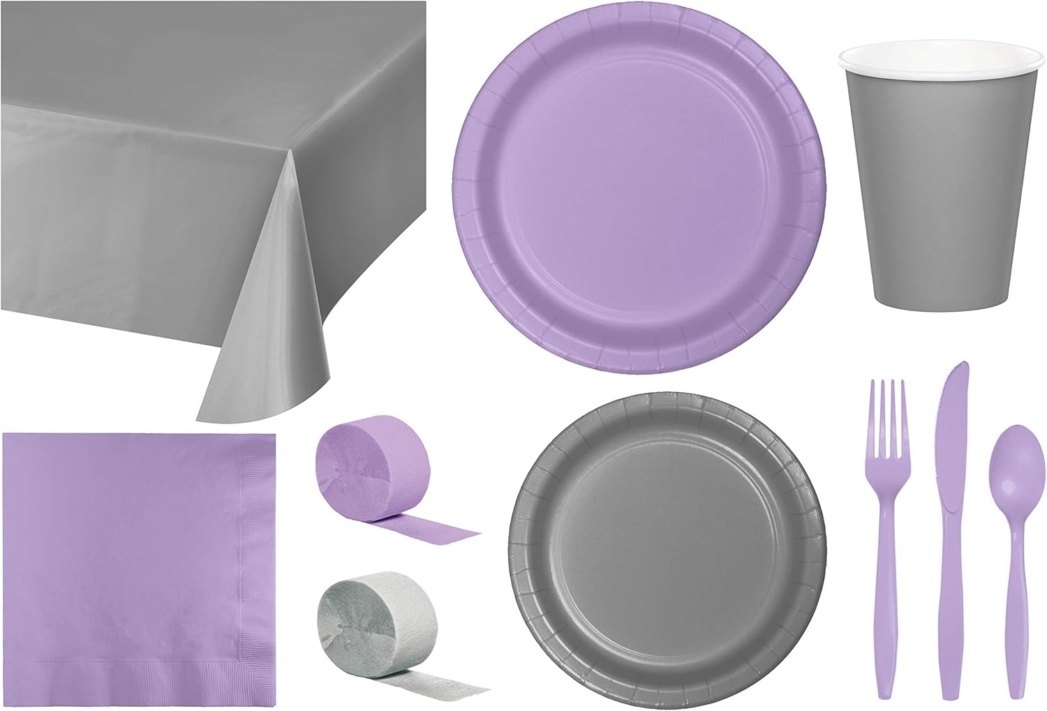 Baxters Party Bundle Bulk, Tableware for 24 People Silver and Lavender, 2 Size Plates Napkins, Paper Cups Tablecovers and Cutlery, Box of 199