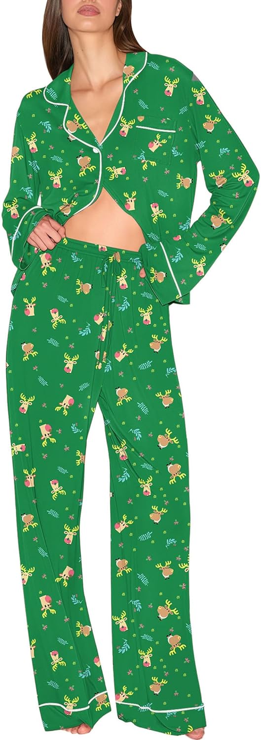 Ekouaer Christmas Pajamas Womens Long Sleeve Button Down Sleepwear Holiday Matching Pjs Comfy Long Pants Lounge Set S-XXL
