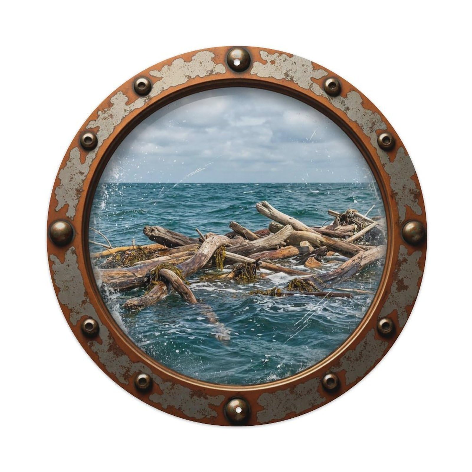 Vintage Porthole Driftwood Floating Nautical Window View Vintage Metal Tin Sign Plaque Wall Decor for Cafe, Club Bar, Office, Garden Metal Poster 8x8Inch