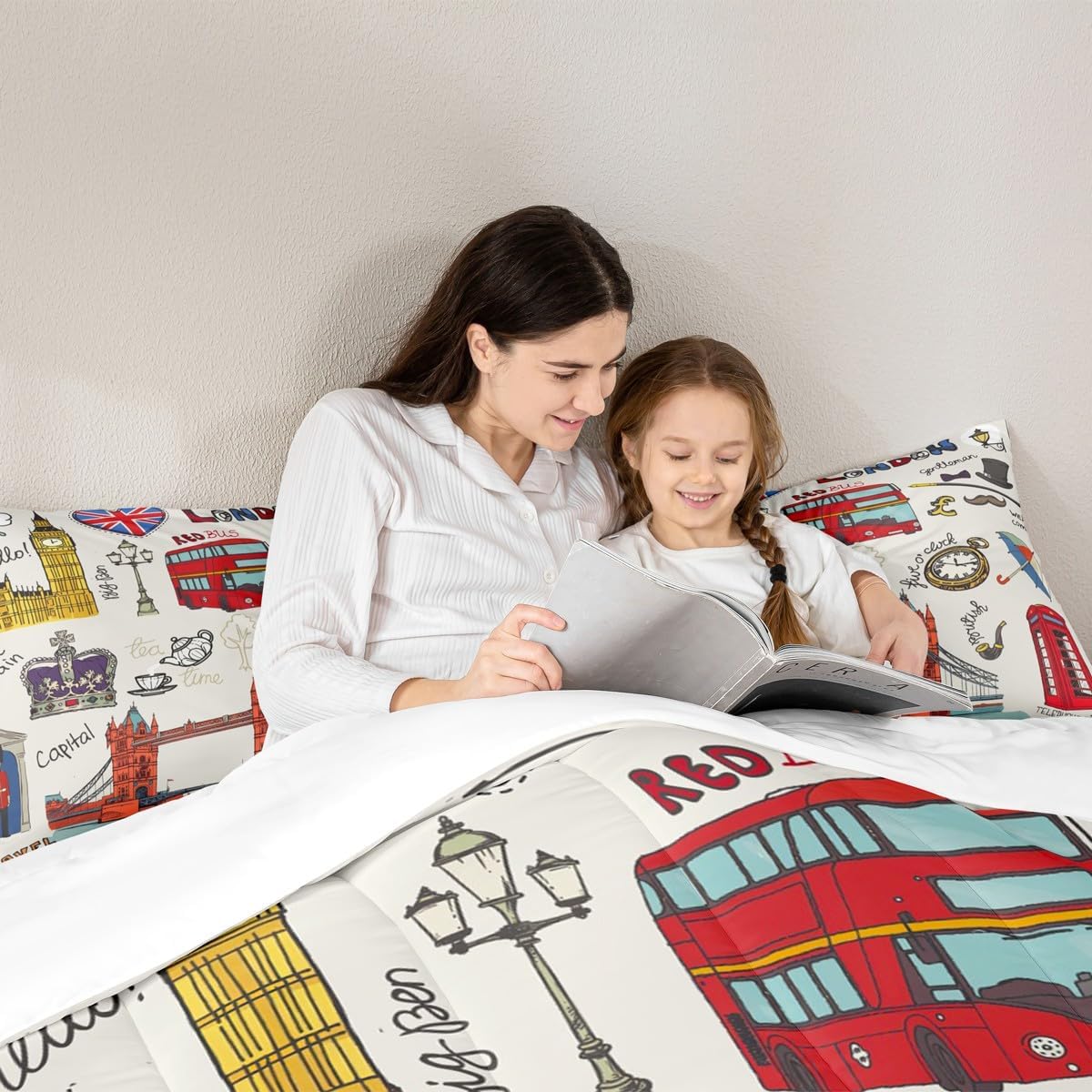 London Kids Comforter Set Queen Size,Telephone Booth Big Ben Red Bus Watercolor Bedding Set,Boys Girls Adults Room Decor,Famous Urban Architecture Down Comforter,Romantic Duvet Insert,2 Pillowcases