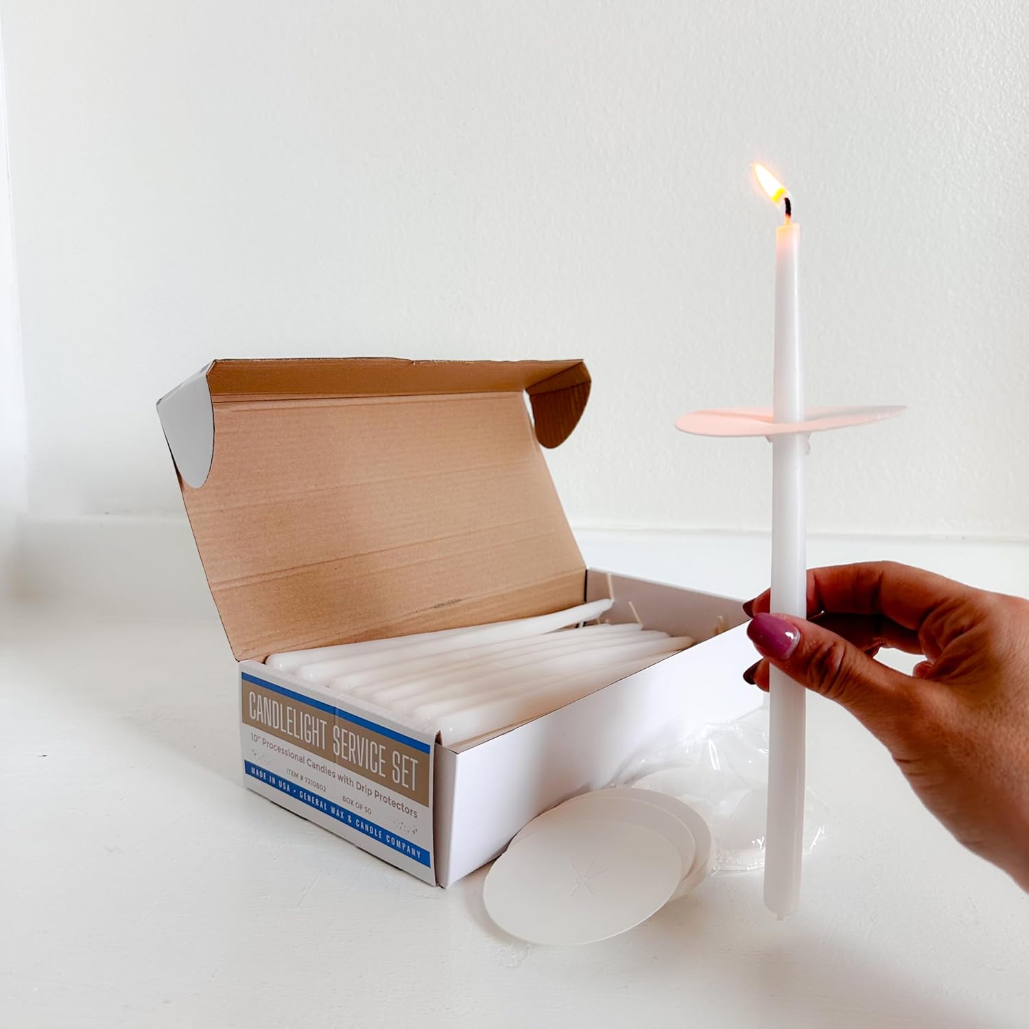 10 Inch Vigil Candle Set with Included Paper Bobeche for Safety - Used for Vigils, Memorials, Religious Services, Unscented, Box of 50 White
