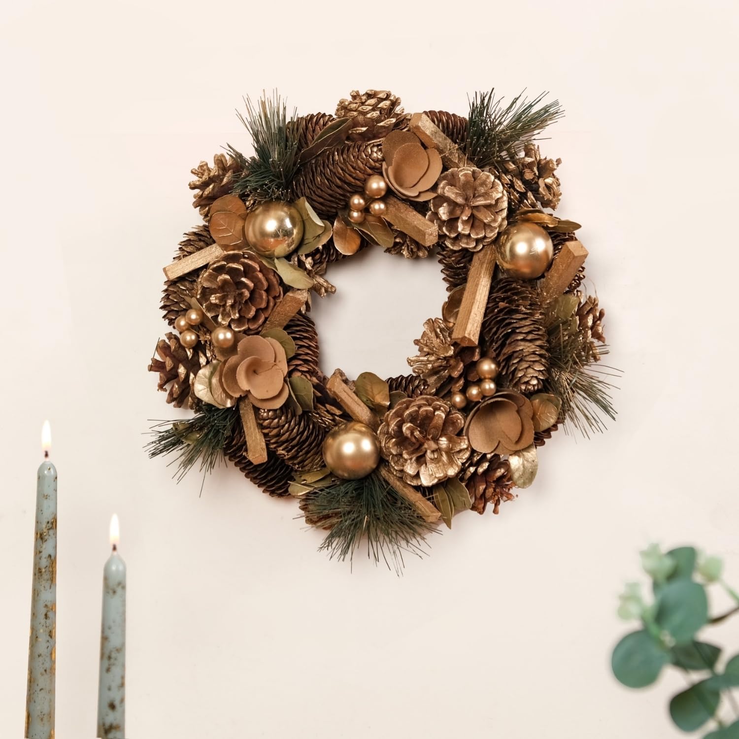 Nestasia Eco-Friendly Christmas Wreath with Pine Cones | Gold Faux Pine Leaves, Berries & Wooden Accents | Luxury Holiday Garland for Door, Wall & Seasonal Decor