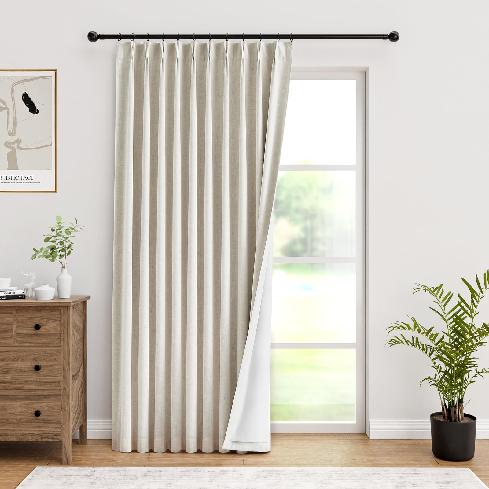 IVAPUPU Natural Pinch Pleated Full Blackout Curtains Linen Blend Room Darkening Window Curtains 102 inch 1 Panel for Living Room Bedroom Thermal