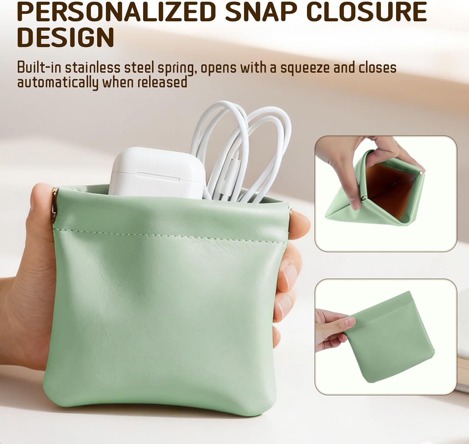Leather Organizer Pouch, 4PCS Personalized Snap Closure Cosmetic Bags, Mini Waterproof Storage for Purse Jewelry Makeup, Portable Self-Closing Pocket (4.7x4.5in)