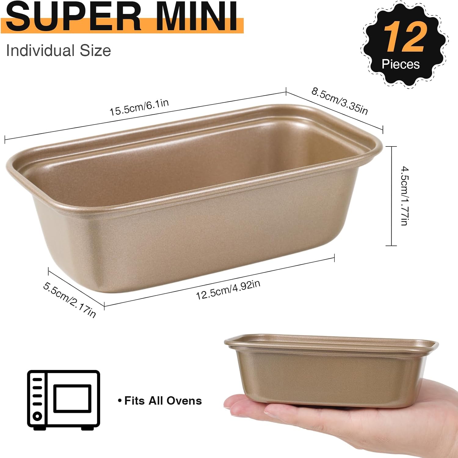 12PCS Mini Loaf Pans for Baking Bread, 6 x 3 x 2 Inches Small Banana Bread Pan Nonstick, Rectangle Carbon Steel Baking Pan for Homemade Bread Meatloaf Loaf Cake, Oven Available, Gold - Image 3