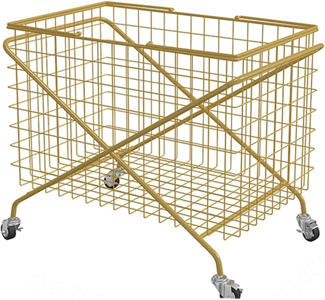 Rolling Laundry Hamper Cart w/Detachable Basket Metal Wire Toy Dirty Nordic Iron Art Laundry Sorter for Bathroom, 64x75x50cm, Gold