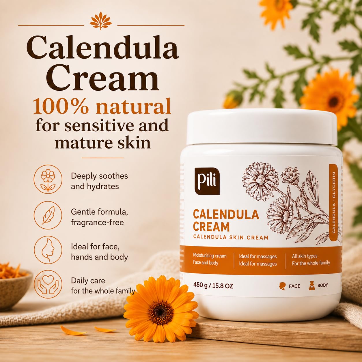 Crema hidratante de caléndula para piel áspera, seca o agrietada, 45 g