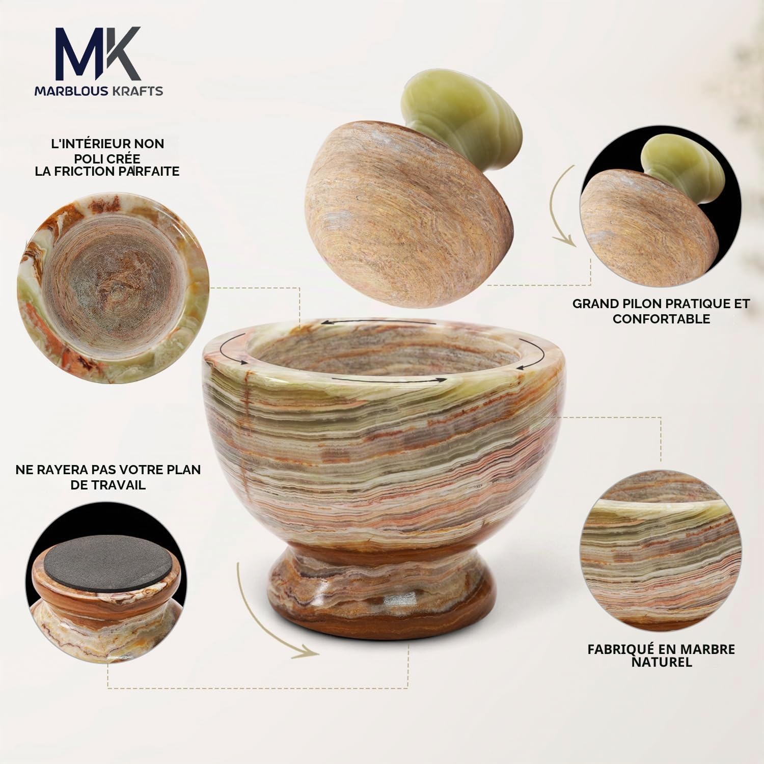 Marblous Krafts Mortier et pilon en marbre de 8,9 cm en onyx vert, broyeur à herbes pour mortier et pilon de cuisine, tous les broyeurs à épices manuels – Accessoires de cuisine