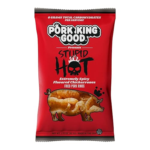 Miniatura 17 de Pork King Good Stupid Hot Pork Chicharrones - Paquete de 4 bocadillos bajos en carbohidratos, aptos para dieta cetogénica, chicharrones