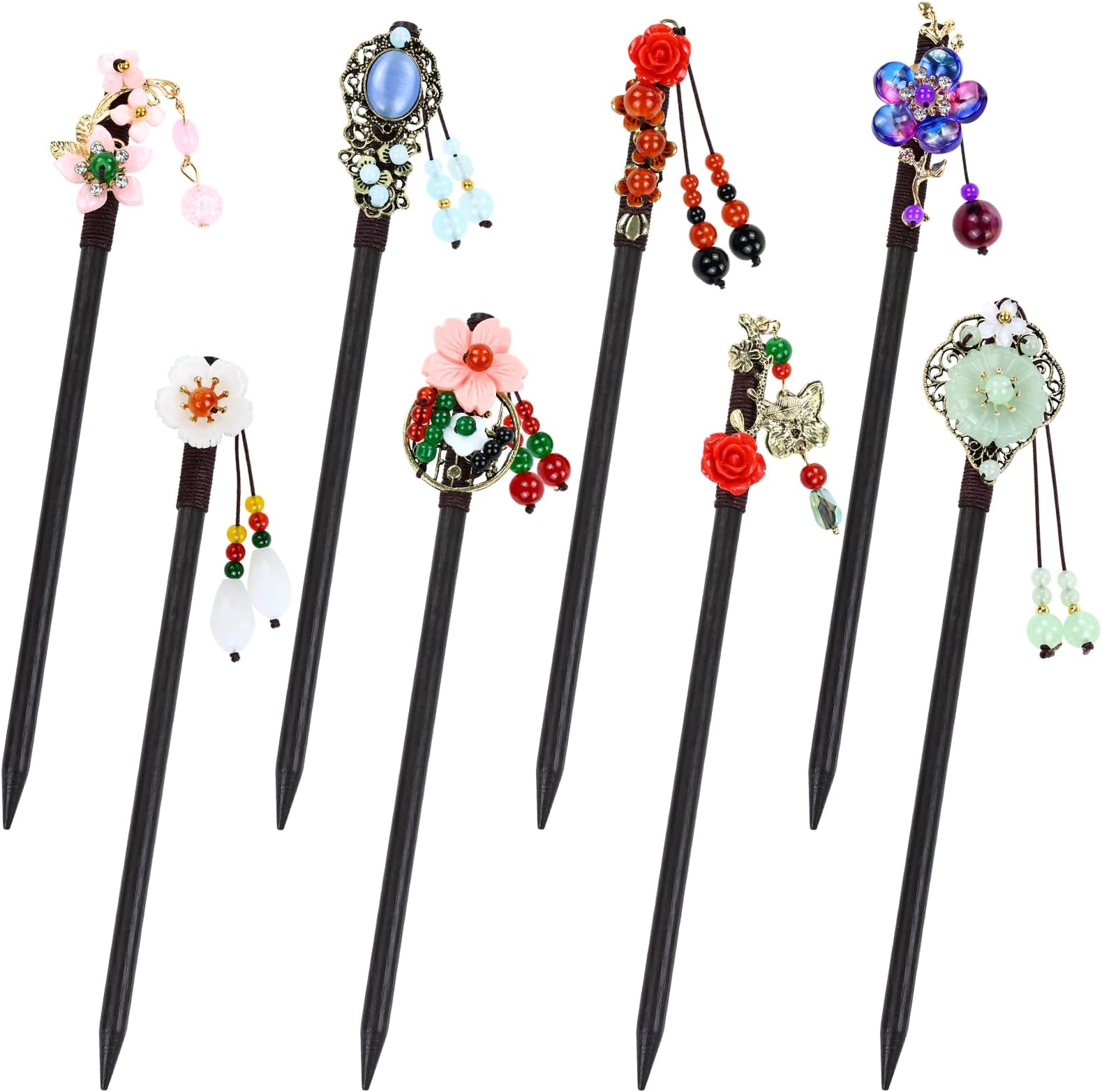 inSowni 8 Pieces Vintage Retro Asian Japanese Chinese Traditional Hanfu Flower Wooden Hair Sticks with Bead Pendants Hairpins Forks Chopsticks Headpieces for Women Girls Teens (Multicolor S2)