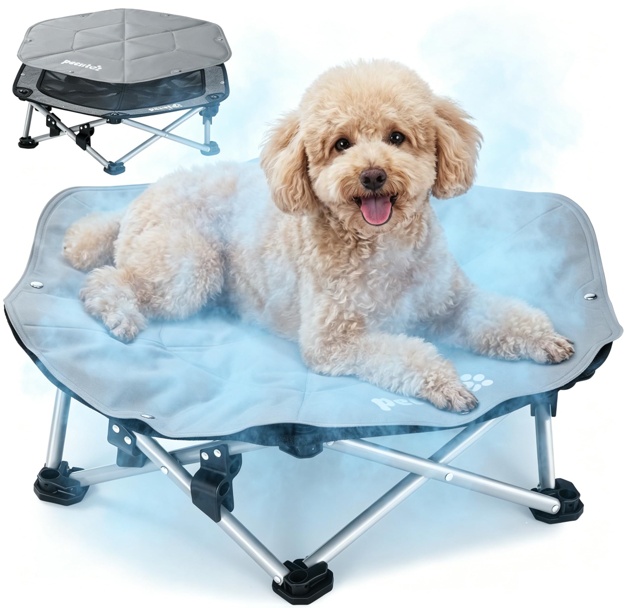 Pecute Cama Elevada para Perros Medianos con Manta Refrescante, Sin Montaje, Apto para Gatos y Perros, Plegable para Interior y Camping, Tamaño M, Soporta hasta 60kg, Gris