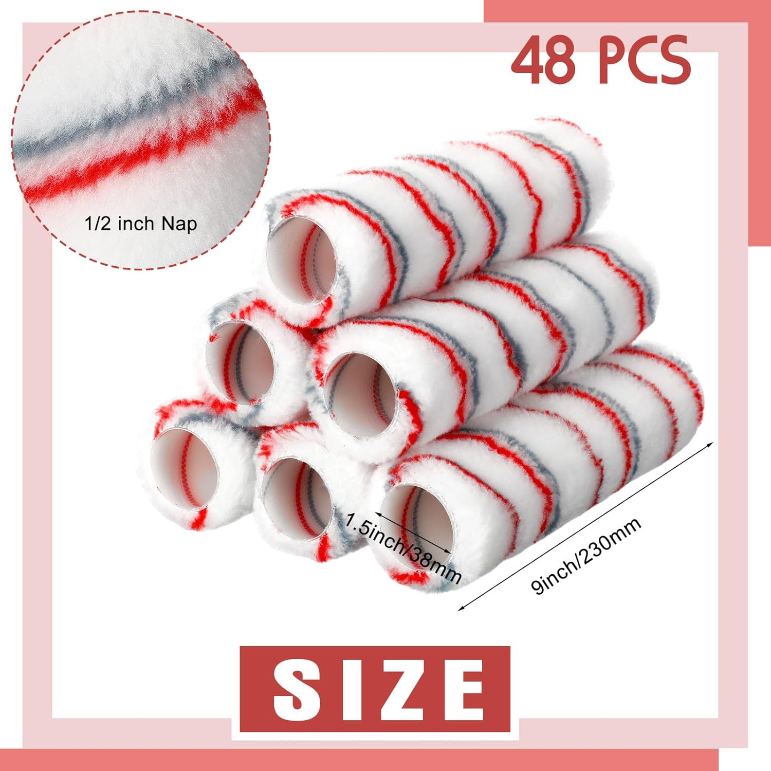 Pinkunn 48 Pcs Paint Roller Covers 9" x 1/2" Nap Microfiber Paint Roller Covers Bulk Refills Rollers for Painting House Painting Supplies for Walls, Ceilings and Drywall (Red Gray Stripe)