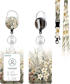 Vertical ID Badge Holder with Detachable Lanyard - Beige Watercolor | Equipped with Retractable Badge Reel Clip, Vertical ID Card Protector Clips for Daily Office & School