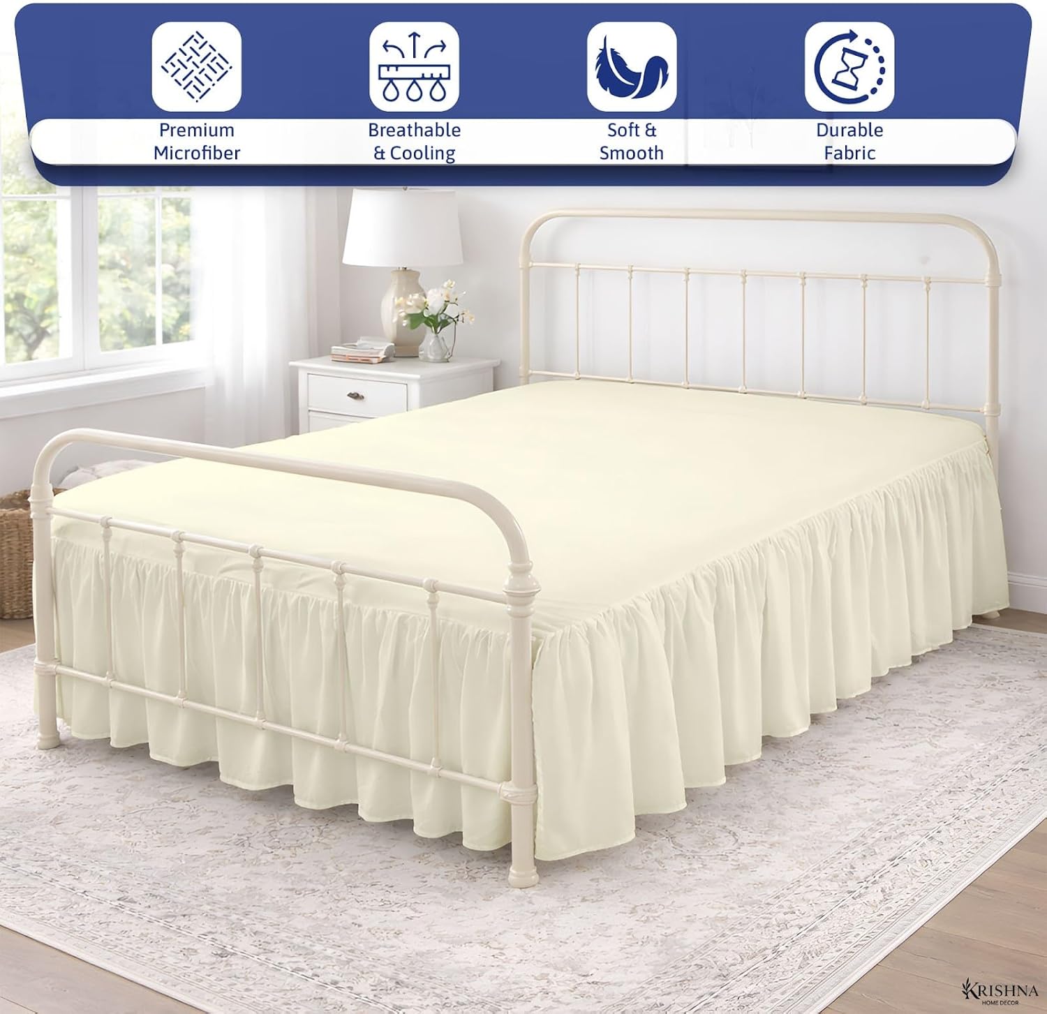 KRISHNA Ruffled Bed Skirt with Split Corners Queen, 100% Microfiber Hotel Quality, 18 Inch Drop Dust Ruffle Gathered Bedskirt with Platform, 60" x 80", Ivory