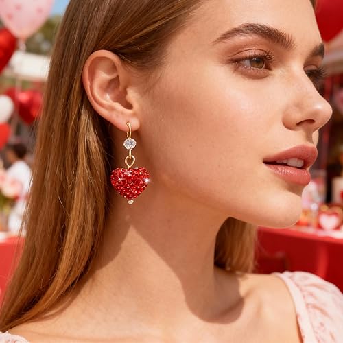 Miniatura 2 de Aretes de corazón rojo, regalos para el día de San Valentín para ella, aretes de corazón de amor con diamantes de imitación, aretes colgantes de San
