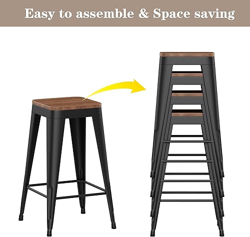 Miniatura 6 de Juego de 4 taburetes de bar de metal negro, sillas de bar industriales modernas con parte superior de madera para isla de cocina, taburetes