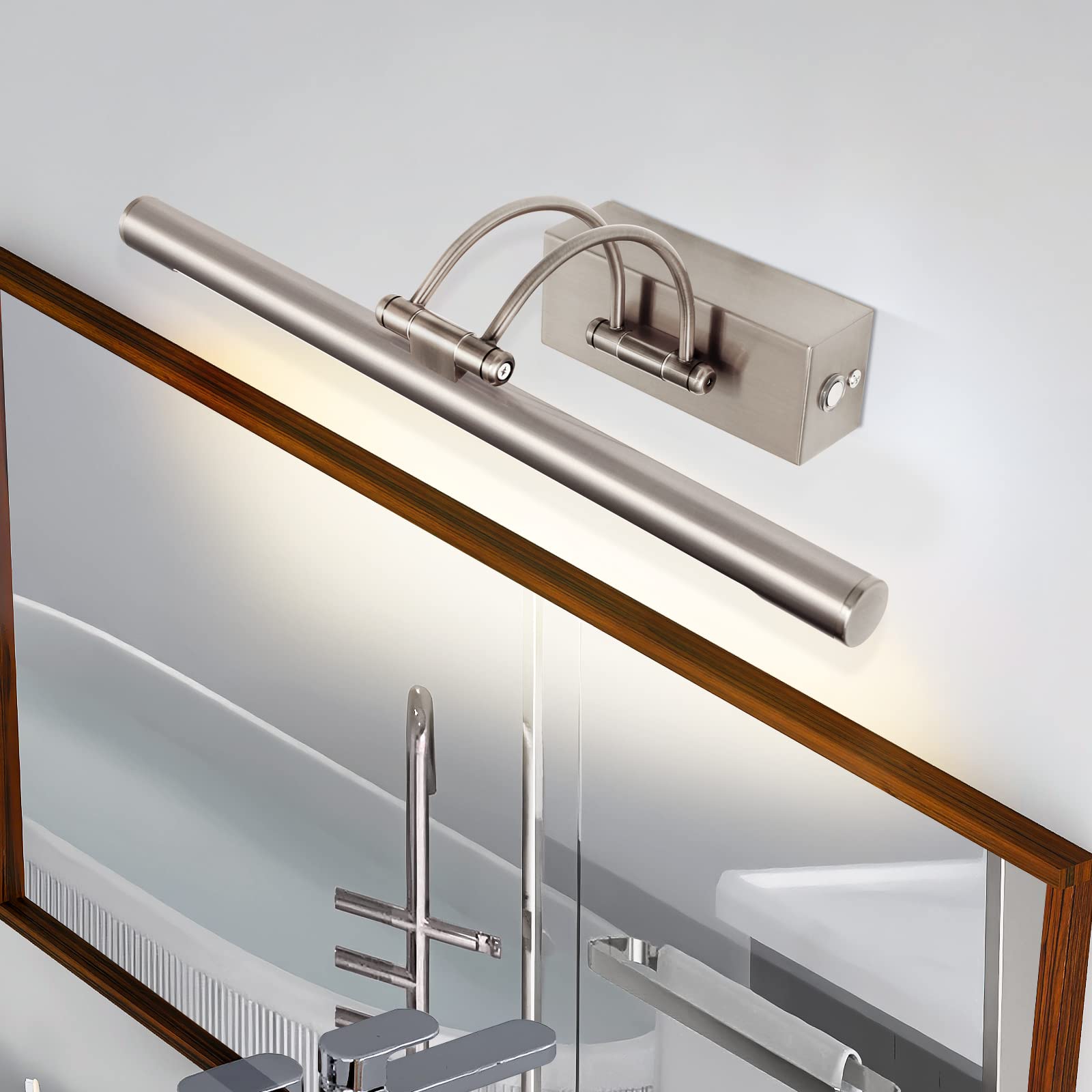 LED Spiegelleuchte Badezimmer 40cm 8W, 3 Farbtemperaturen Stufenlos Dimmbar LED-Bilderleuchte mit Schwenkbarem Lampenkopf, Wandleuchte Arc Arm Spiegel Beleuchtung Lampe