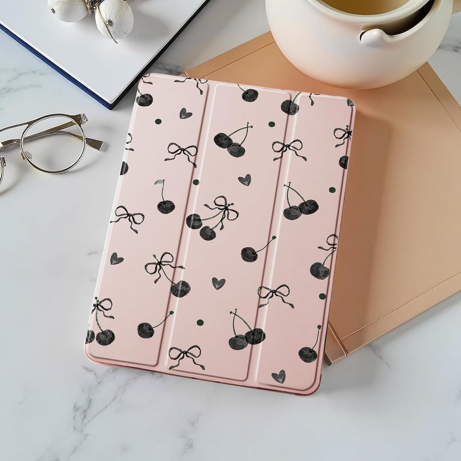 Idocolors Cute Black Bow Cherry Case for 10.9" iPad 2022/2025(10th/11th Gen), Tri-Fold Tablet Case with Auto Wake/Sleep & Pencil Holder - Vibrant Protective Cover for Women Girls and Teens, (Pink)