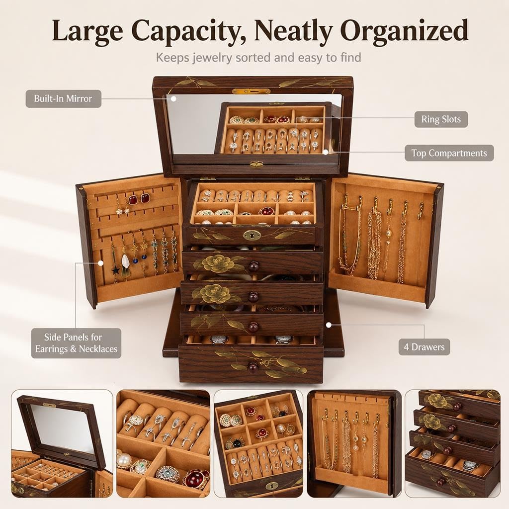 Organizer Per Gioielli Vintage Con Specchio, Grande Capacità Con Cassetti