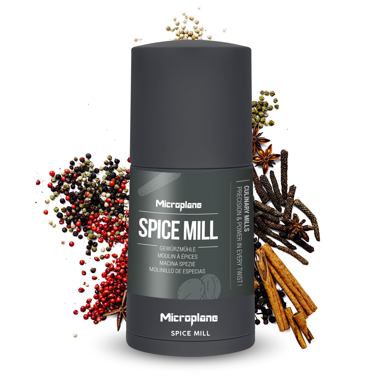 Microplane Spice Mill 2in1 – Afterdark Grey | Manual Spice Mill with Ultra-Sharp Stainless-Steel Blade | Grates Nutmeg, Cinnamon, Tonka Bean, Indian Long Pepper, Nuts & More | Airtight Storage
