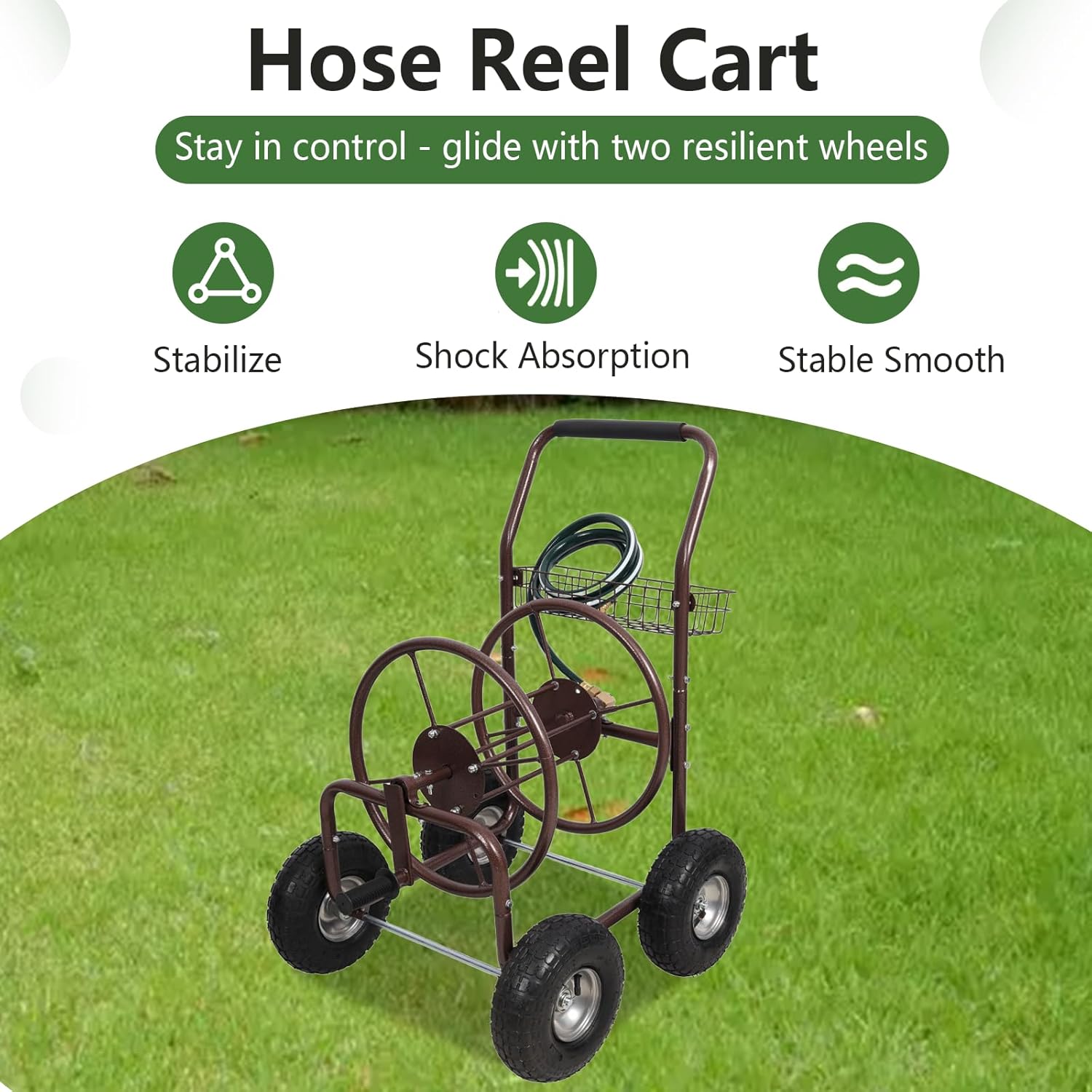 Garden Hose Reel Cart with Wheels & Storage Basket, Hold Up to 250 ft, Portable Heavy Duty Hose Reel Cart for Yard, Lawn